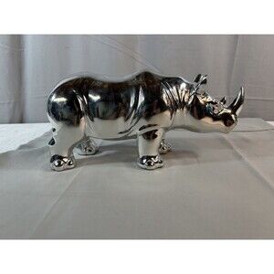 Nate Berkus Rhinoceros Rhino Figurine Statue Resin Shiney Silver 11"x5" VTG